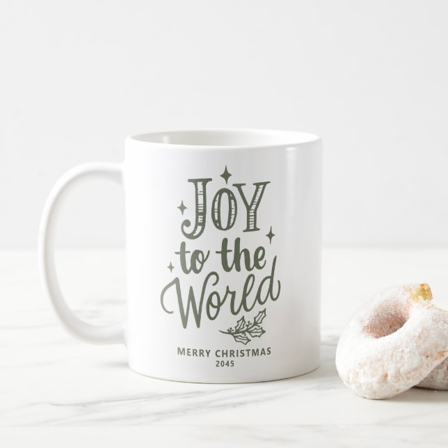 Joy to the World Christmas Lettering Taupe Green Kaffeetasse (Mit Donut)