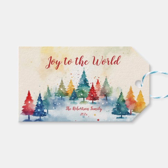"Joy to the World" Farbenfrohe Pinienbäume Weihnac Geschenkanhänger (Vorderseite (Horizontal))