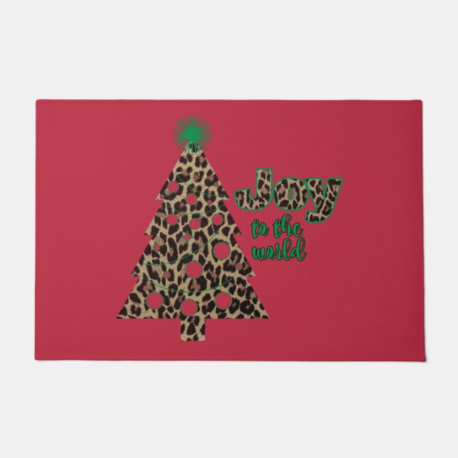 Joy to the World Leopard Print Weihnachtsbaum Fußmatte (Vorderseite)
