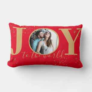 Joy to the World Red and Gold Glittery Foto Lendenkissen