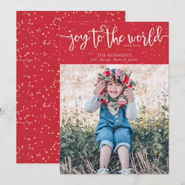 Joy to the World Red Photo Christmas Card Einladung (Vorne/Hinten)