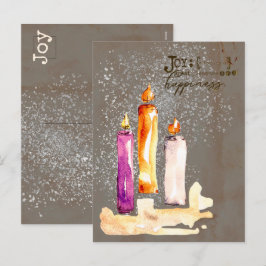 Joy! Trio of Candles Watercolor Sparkle Feiertagspostkarte