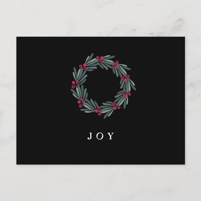 "JOY" Typografie Holly Berry Wreath Holiday Postkarte (Vorderseite)