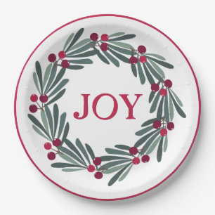 "JOY" Typografie Holly Berry Wreath Red Pappteller