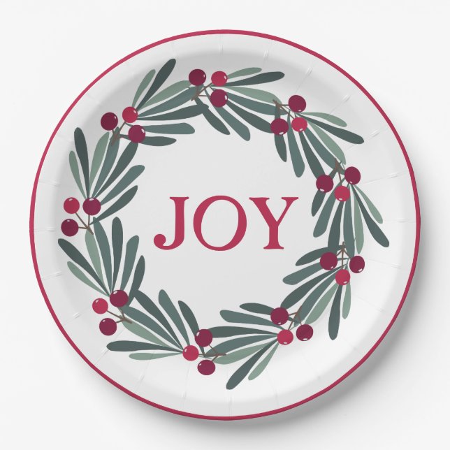 "JOY" Typografie Holly Berry Wreath Red Pappteller (Vorderseite)