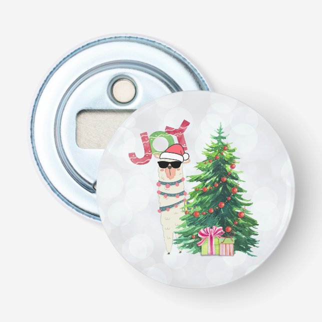 Joy Typografie | Weihnachtslama hinter einem Baum Flaschenöffner (Vorderseite)