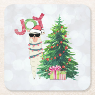 Joy Typografie   Weihnachtslama mit Baum Rechteckiger Pappuntersetzer