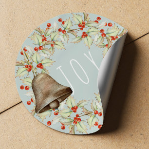 JOY Typography Holly Berries Wreath Blue Christmas Runder Aufkleber