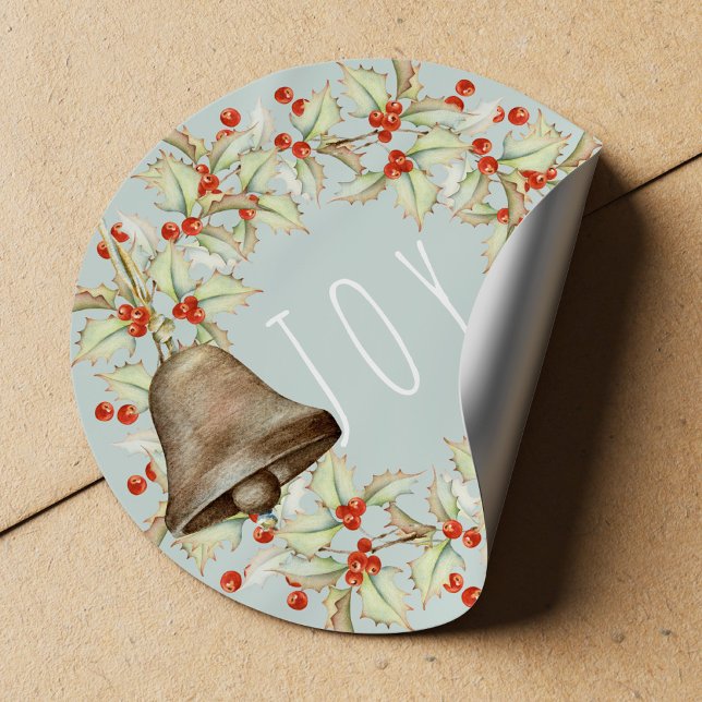 JOY Typography Holly Berries Wreath Blue Christmas Runder Aufkleber (Von Creator hochgeladen)