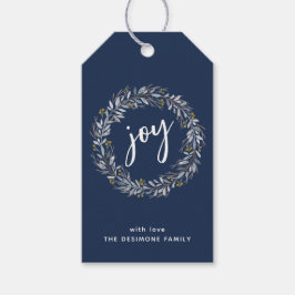 Joy Watercolor Botanical Wreath Christmas Blue Geschenkanhänger