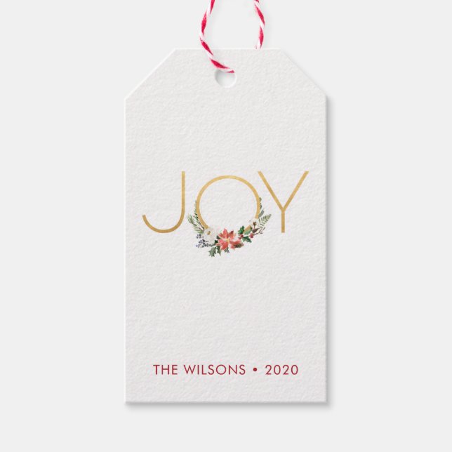 Joy Watercolor Floral mit Gold | Weihnachten Geschenkanhänger (Vorderseite)
