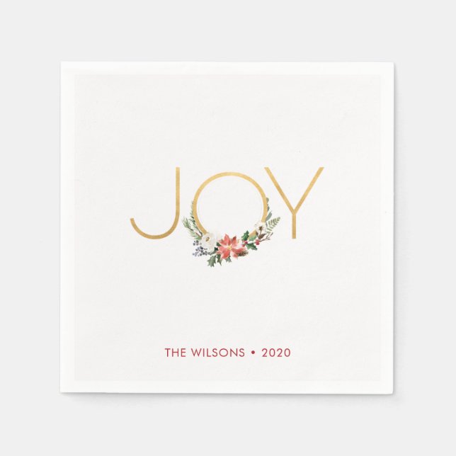 Joy Watercolor Floral mit Gold | Weihnachten Serviette (Vorderseite)