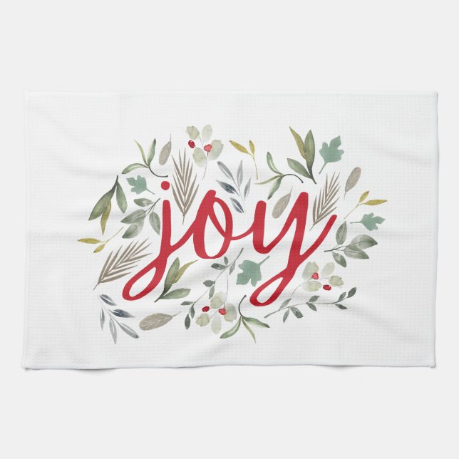 Joy Watercolor Floral Red Script Geschirrtuch (Horizontal)