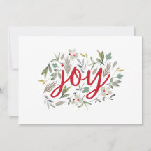 Joy Watercolor Floral Red Script Holiday Card