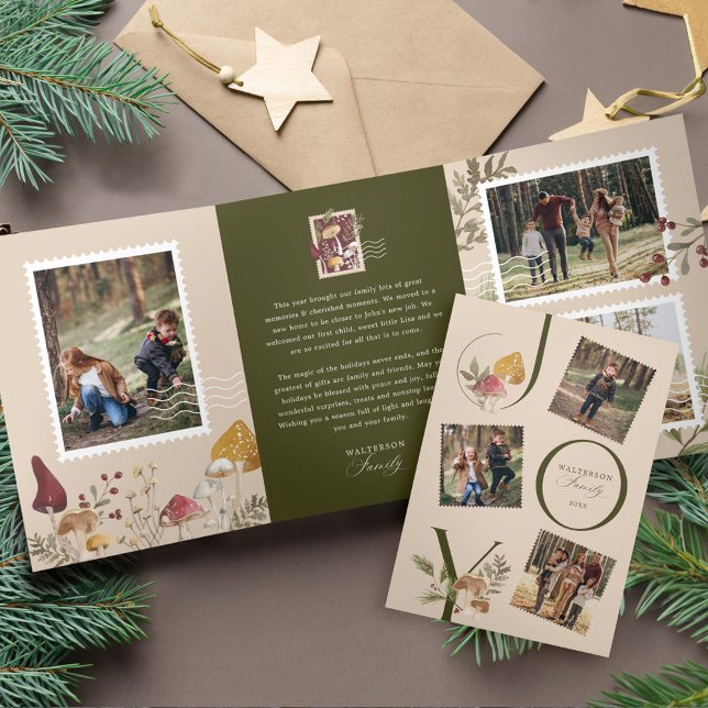 Joy Watercolor Woodsy Mushrooms Foto Gallery Dreifach Gefaltete Urlaubskarte (Joy Watercolor Woodsy Mushrooms Photo Gallery Tri-Fold Holiday Card)