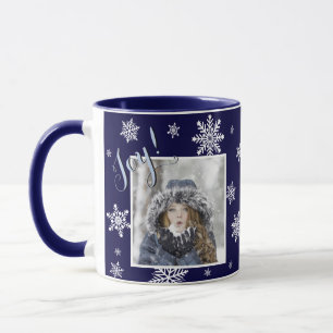 Joy! Weißes Snowflake Foto Rahmen Navy Blue Tasse