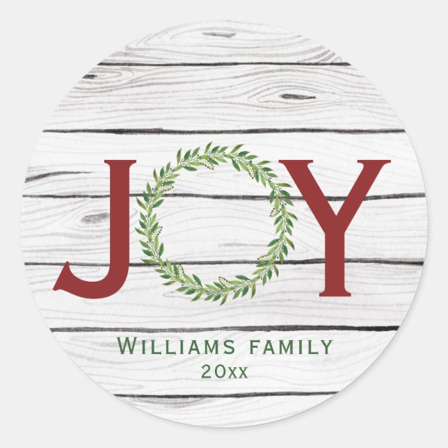 Joy Winter Wreath Familie Weihnachten Runder Aufkleber (Vorderseite)