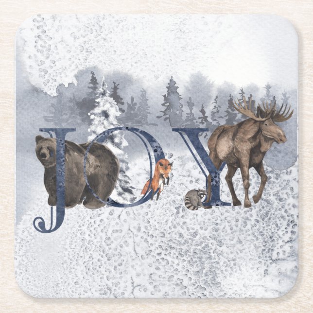 Joy Woodland Animal Winter Snow Holiday Rechteckiger Pappuntersetzer (Vorderseite)