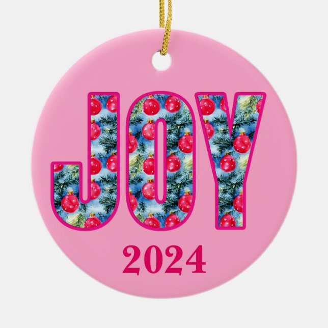 JOY Word Art in Fuchsia Pink und Aquamarin Keramik Ornament (Vorne)