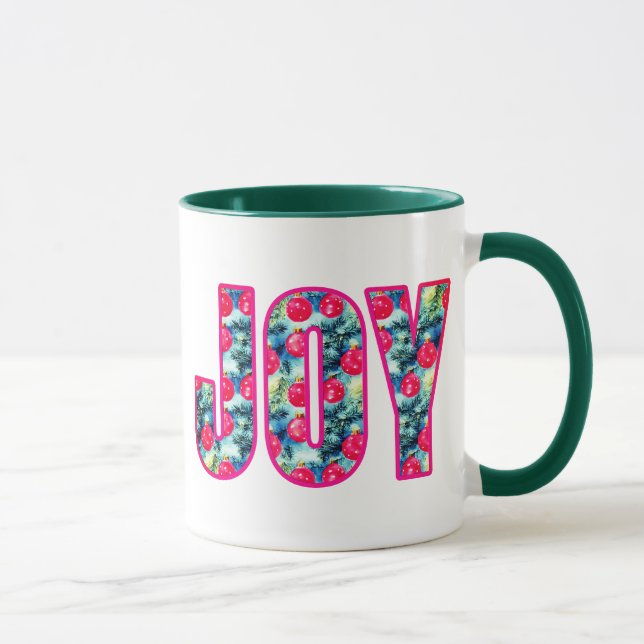 JOY Word Art in Fuchsia Pink und Aquamarin Tasse (Rechts)