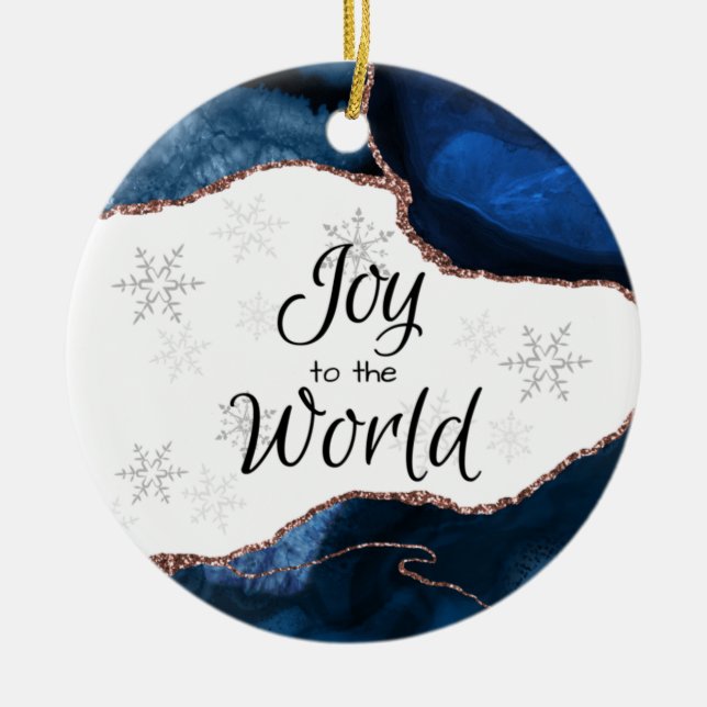 Joy World Elegant Blue Gold Glitzer Geode Keramik Ornament (Vorne)