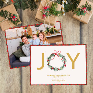 JOY Wreath Foto Weihnachtskarte mit Kariertem Trim Einladung