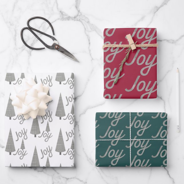 Joy Xmas Tree Hahnentrittmuster White Burgundy Gre Geschenkpapier Set (Vorderseite)