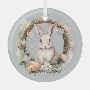 Joyeuses Pâques Easter Bunny in einem Blumenkranz Ornament Aus Glas