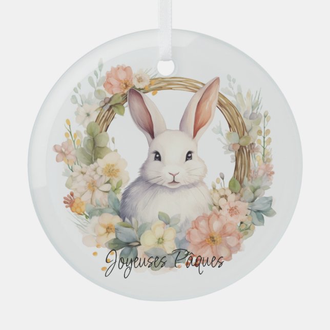 Joyeuses Pâques Easter Bunny in einem Blumenkranz Ornament Aus Glas (Vorderseite)