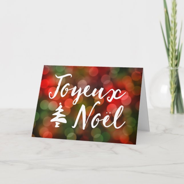 Joyeux Noël bokeh Baumlichter Feiertagskarte (Vorderseite)
