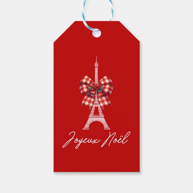 Joyeux Noël Eiffel Tower Christmas Bow Red & White Geschenkanhänger (Vorderseite)
