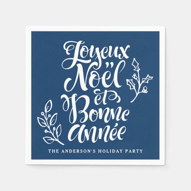 Joyeux Noël et Bonne Année Calligraphy Navy Blue Serviette (Vorderseite)