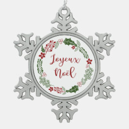 Joyeux Noël, französischer froher Weihnachtsreath Schneeflocken Zinn-Ornament