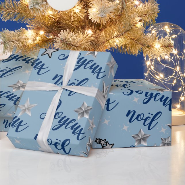 Joyeux Noël - Frohe Weihnachten - Blau & Silber Geschenkpapier (Feiertage)