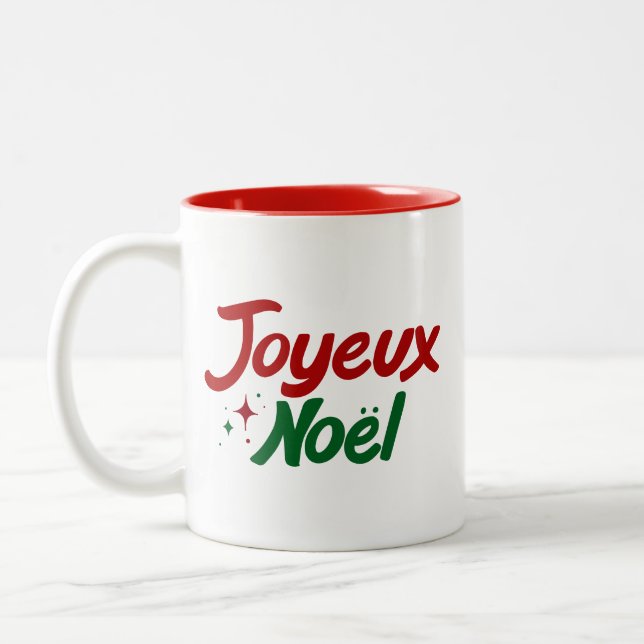 Joyeux Noël Hand Lettered  Zweifarbige Tasse (Links)