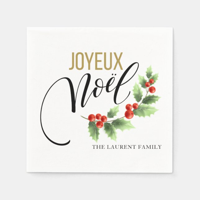 Joyeux Noël Holly Foto Personalisiert | Weihnachte Serviette (Vorderseite)