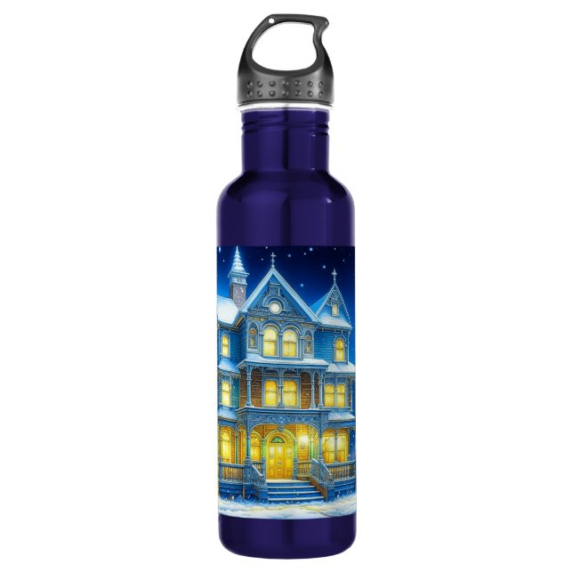 Joyeux Noël Hübsch Blue Christmas House Edelstahlflasche (Vorderseite)