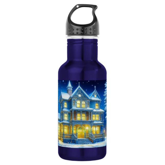 Joyeux Noël Hübsch Blue Christmas House Edelstahlflasche (Vorderseite)