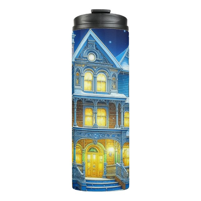 Joyeux Noël Hübsch Blue Christmas House Thermosbecher (Vorderseite)