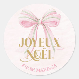 Joyeux Noël Pink & Green French Coquette Bow Runder Aufkleber
