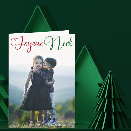 Joyeux Noël Red Green Script Folded Family Foto Feiertagskarte