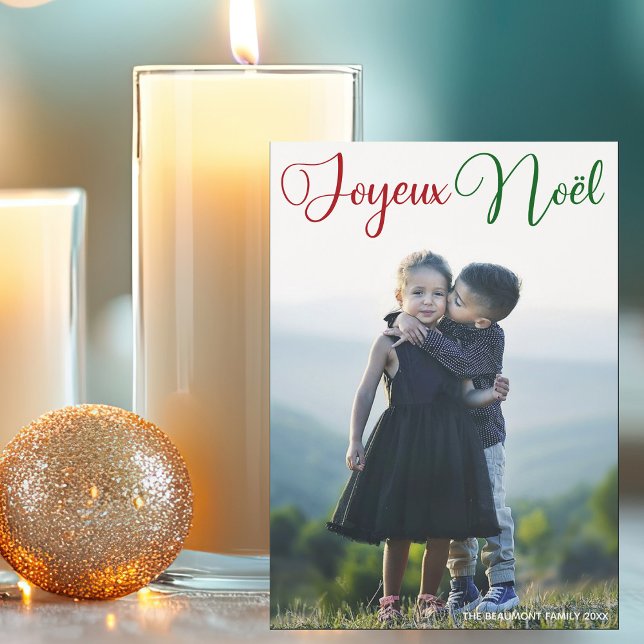 Joyeux Noël Red Green Script Foto Magnet Card (Von Creator hochgeladen)