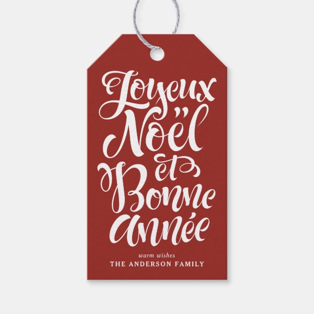 Joyeux Noël und Bonne Année Calligraphy Red Geschenkanhänger (Vorderseite)