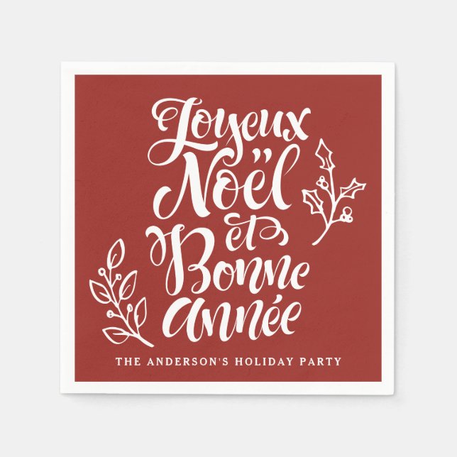 Joyeux Noël und Bonne Année Calligraphy Red Serviette (Vorderseite)
