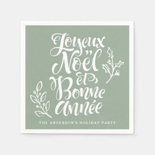 Joyeux Noël und Bonne Année Calligraphy Sage Green Serviette