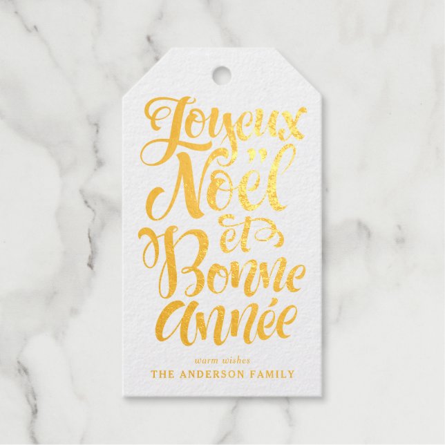 Joyeux Noël und Bonne Année Moderne Kalligraphie Geschenkanhänger (Vorderseite)