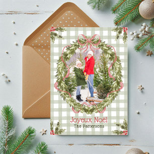Joyeux Noël Watercolor Floral Bow Family Foto Feiertagskarte
