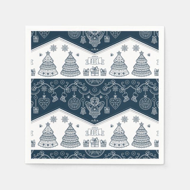 Joyeux Weihnachten Französischer Volkskunst Blauer Serviette (Vorderseite)