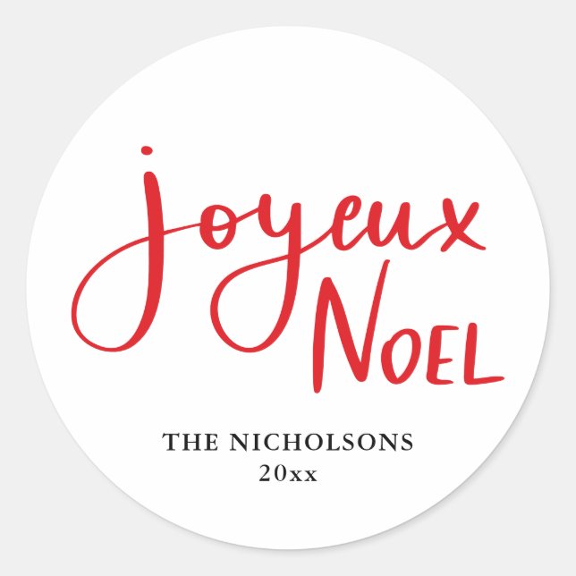 Joyeux Weihnachten Handgeschriebenes Red Script Runder Aufkleber (Vorderseite)