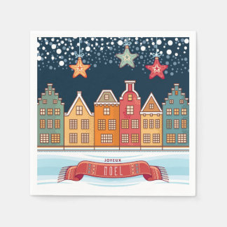 Joyeux Weihnachten Stadthäuser Schneedorf Illustra Serviette